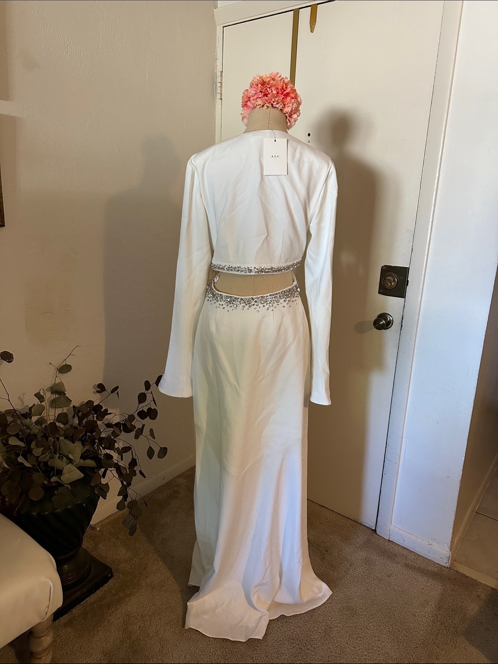 NWT A.L.C. TRINA  Satin V-Neck Beaded Cutout Maxi Dress Long Sleeve Size 8 - Picture 2 of 7